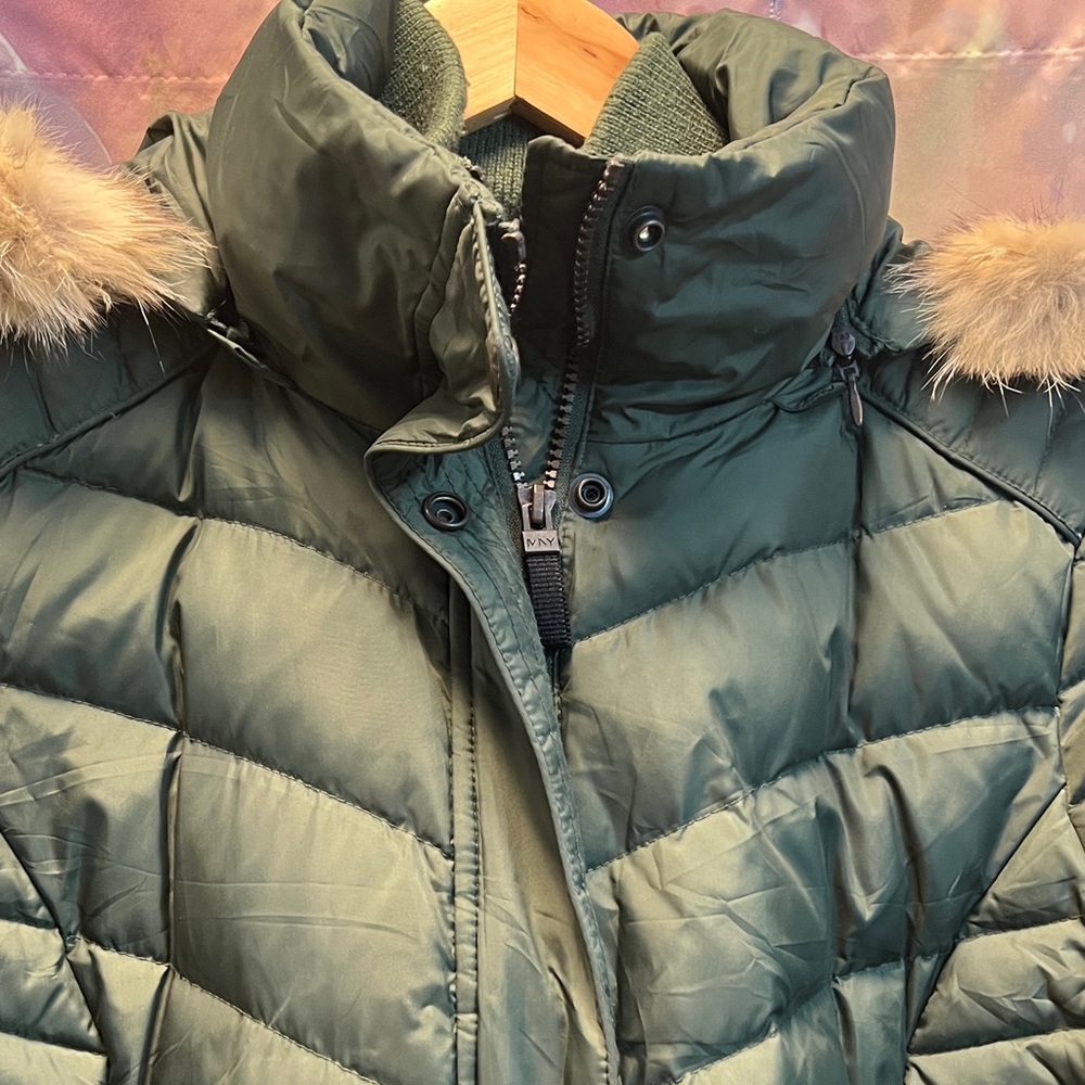 DKNY Olive Puffer Jacket with Faux Fur Trim